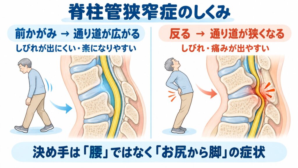 脊柱管狭窄症で反ると神経の通り道が狭くなり、前かがみで広がるしくみの図解(浜松・整体院松華)